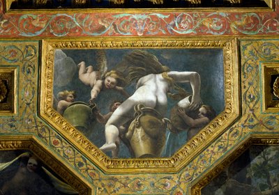 Eine Nymphe gießt Wasser aus einer Urne, unterstützt von Putti, Deckenkassette aus der Sala di Amore e Psiche, 1528 von Giulio Romano